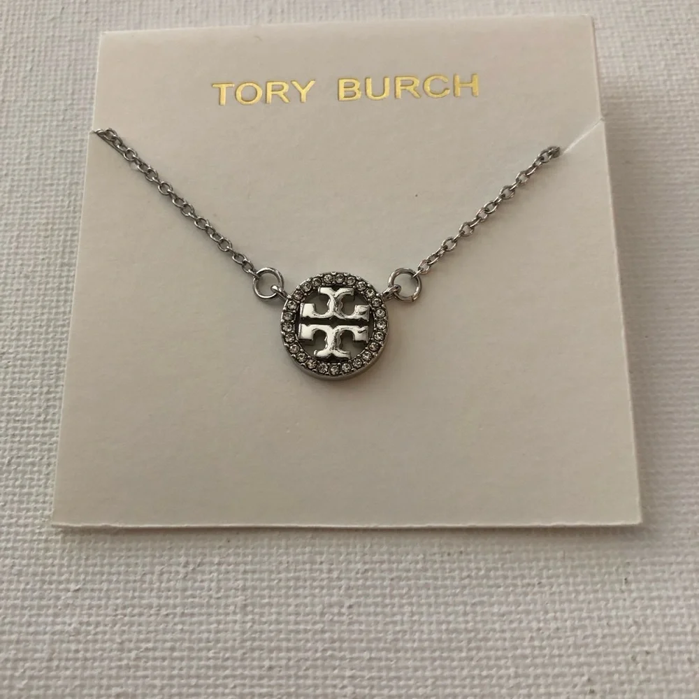 Tory Burch Silver Logo Crystal Halo Necklace